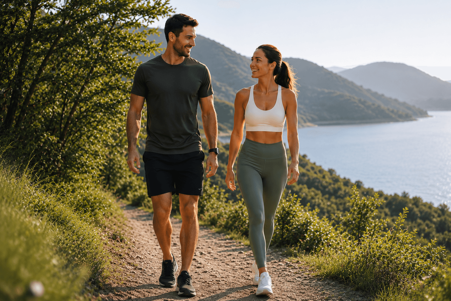 Pareja activa caminando en la naturaleza